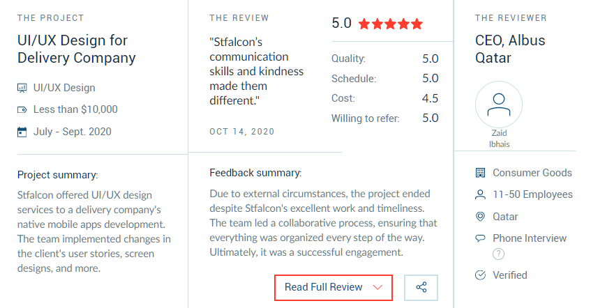 5-star review for Stfalcon's UI/UX design project