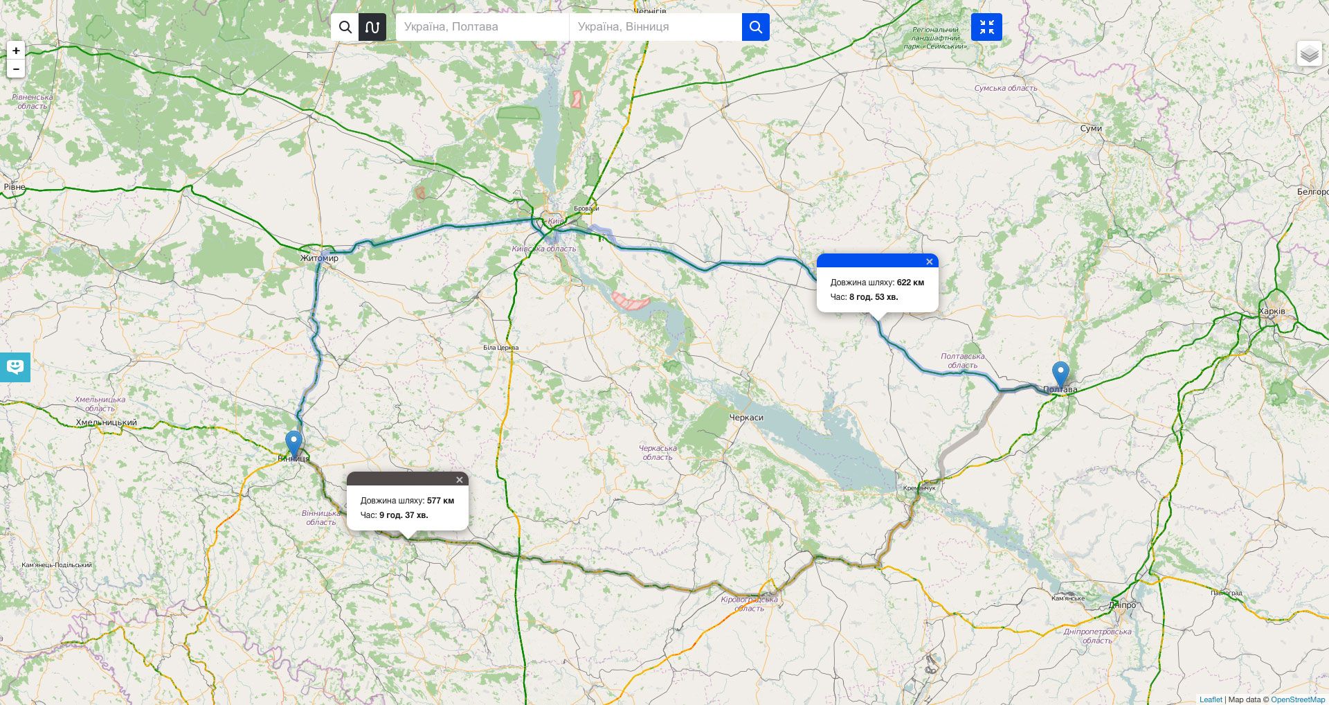 map showing route with distance and travel time annotations