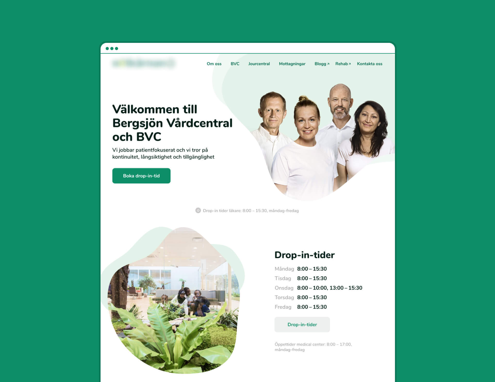 Website homepage for Bergsjön Vårdcentral with team and services