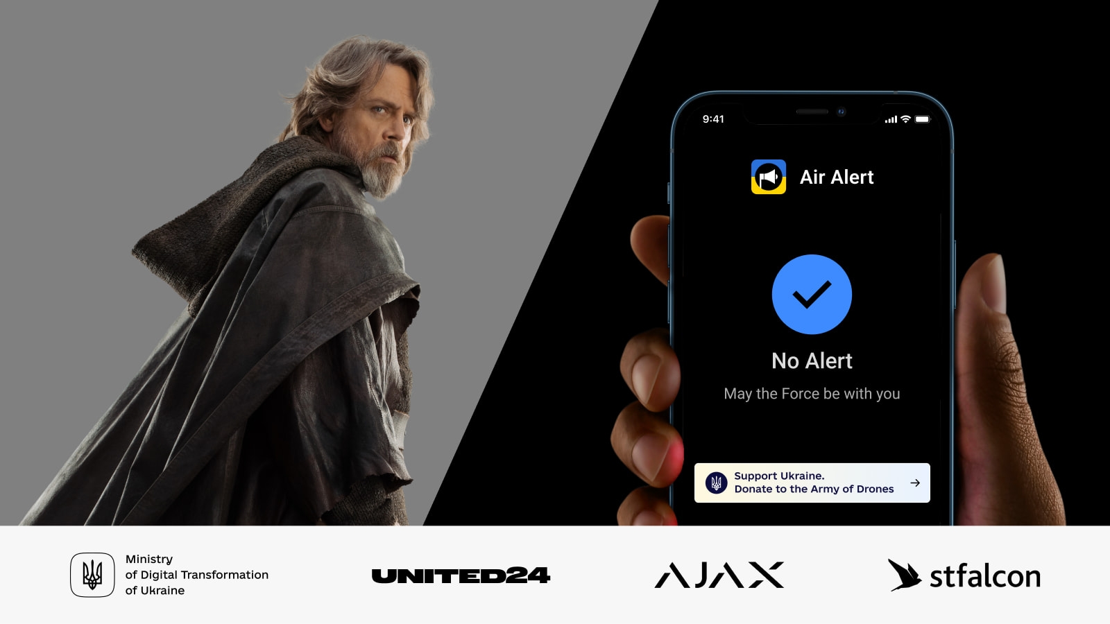Mark Hamill beside the Air Alert app showing