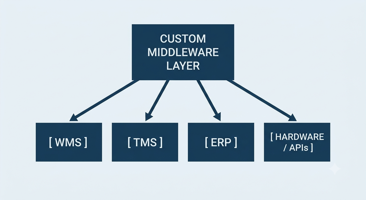 a custom middleware layer for logistics help connecting different SaaS tools and platforms acting like a shock absorber
