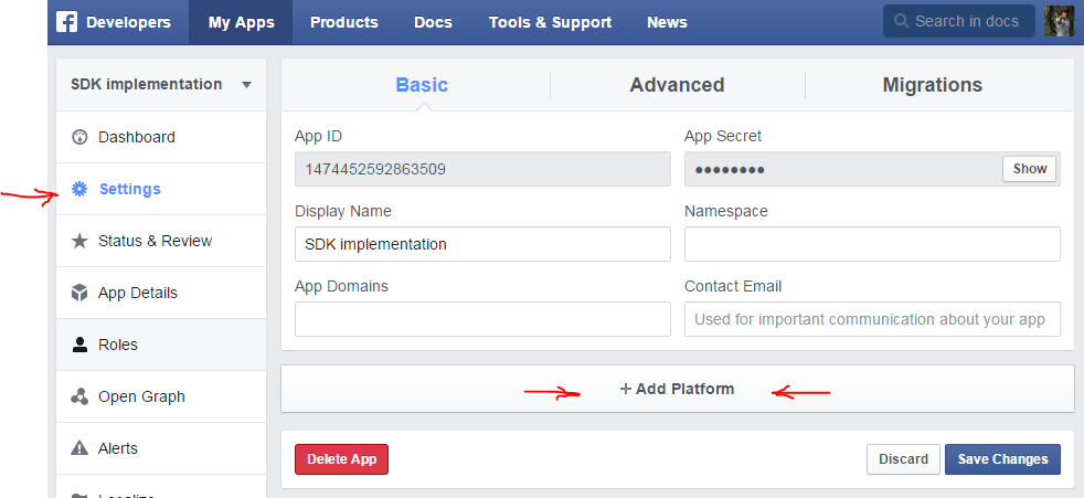 App settings page in Facebook