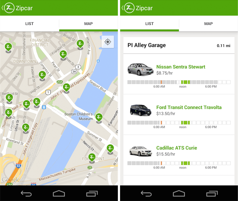 Выбор автомобиля в приложении Zipcar