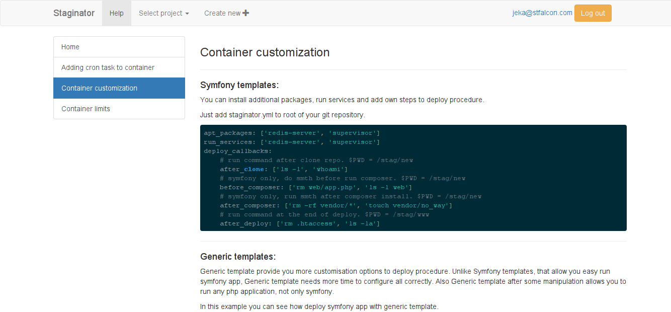 Container customization in Staginator