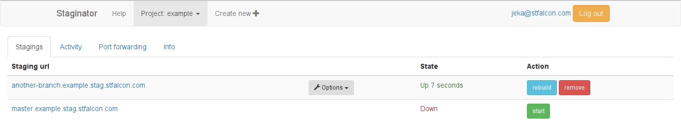 Running and stopping containers in Staginator