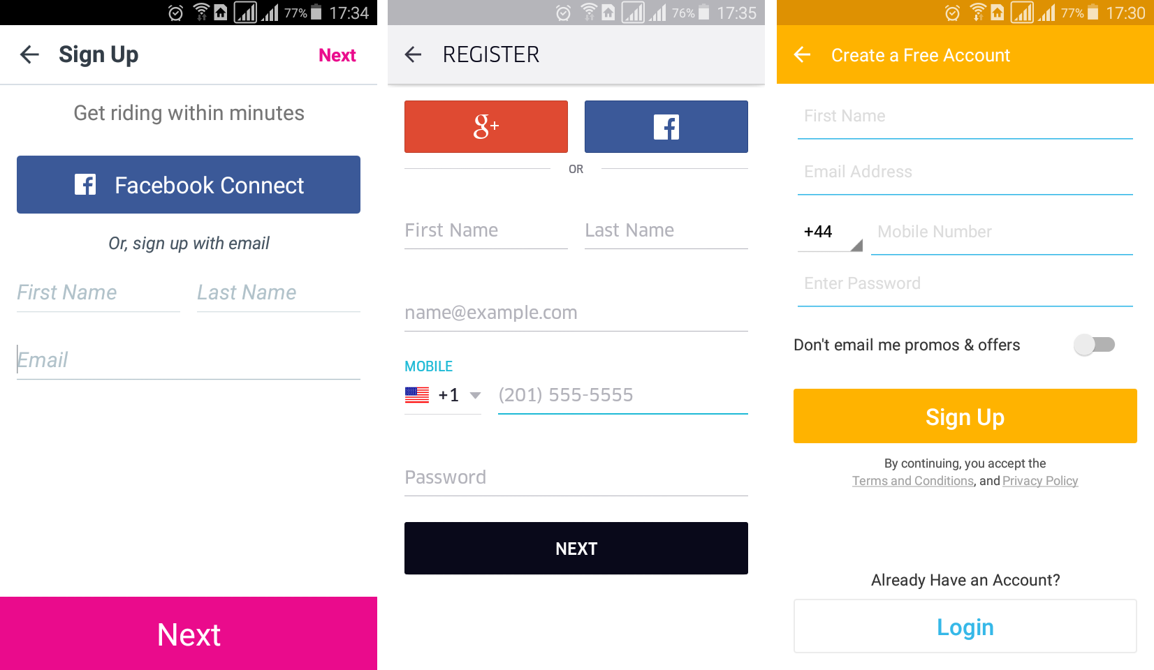 Registration screen in apps like Uber