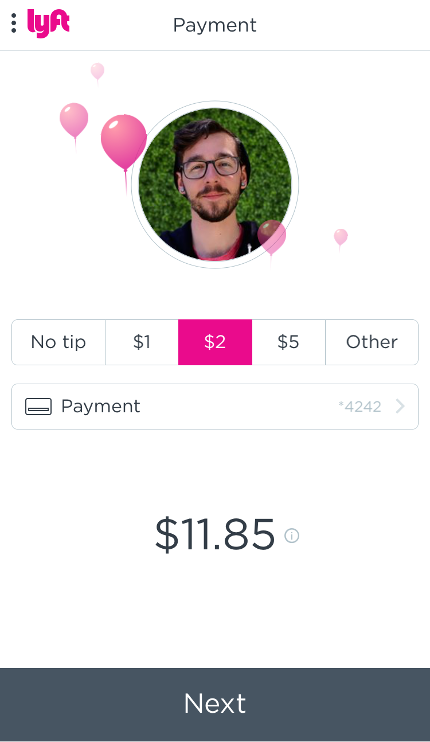 Paying for a ride in Lyft app