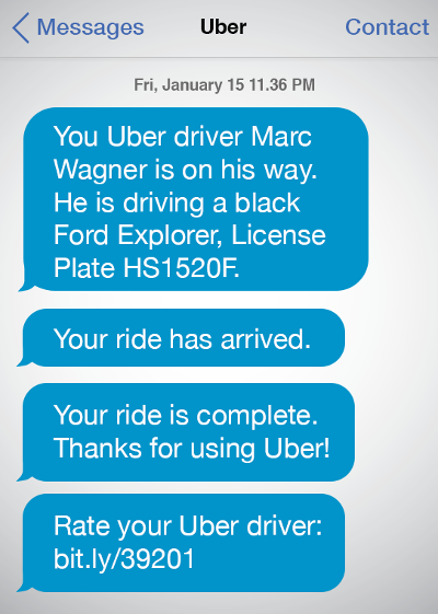 Пример SMS от Uber