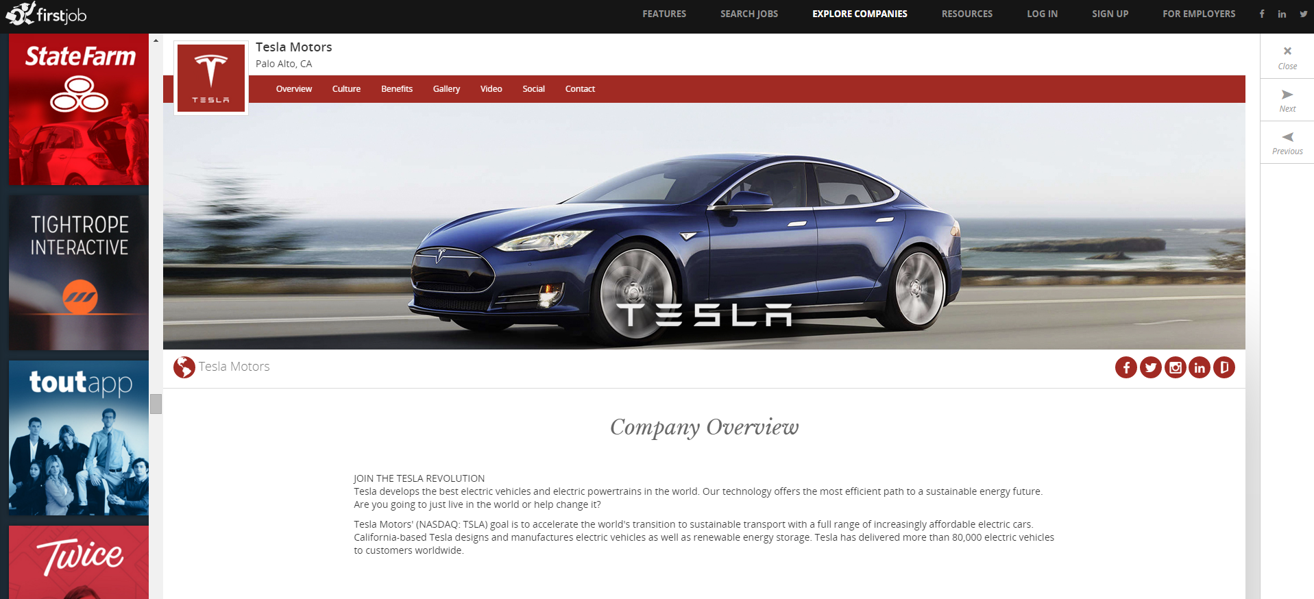 Tesla profile at FirstJob