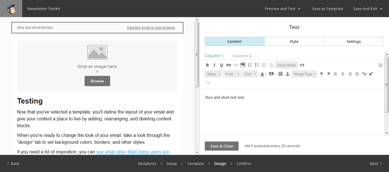 UI for editing template in MailChimp web UI