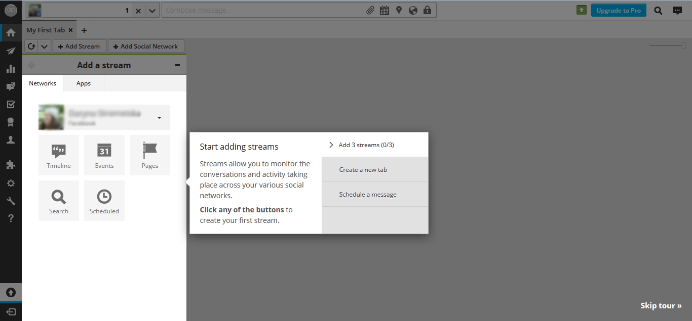 В веб-интерфейсе Hootsuite можно пропустить руководство по началу работы