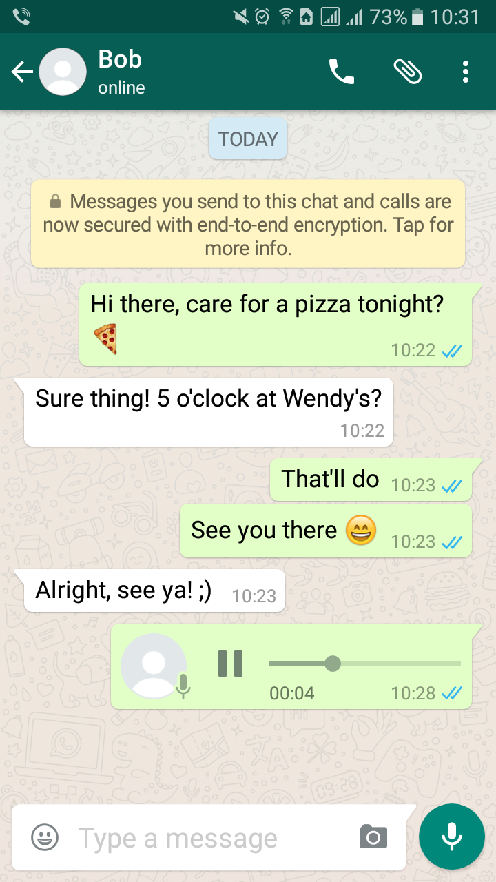 WhatsApp chat interface with messages between Bob and a contact