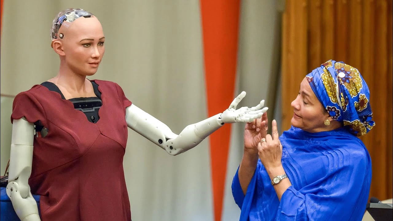 Robot Sophia is giving a speech