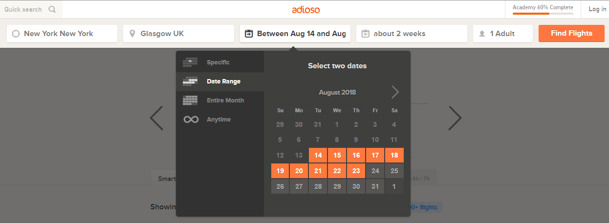Adioso travel website calendar example