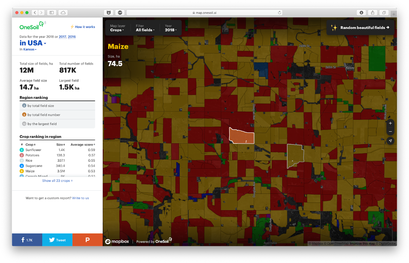 map of agricultural fields in the USA with crop data and productivity levels