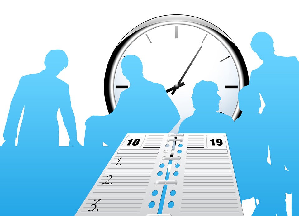 silhouettes of people with a calendar and clock illustration