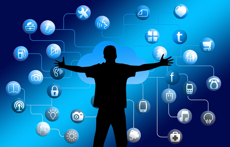 silhouette of a person with technology icons and cloud background