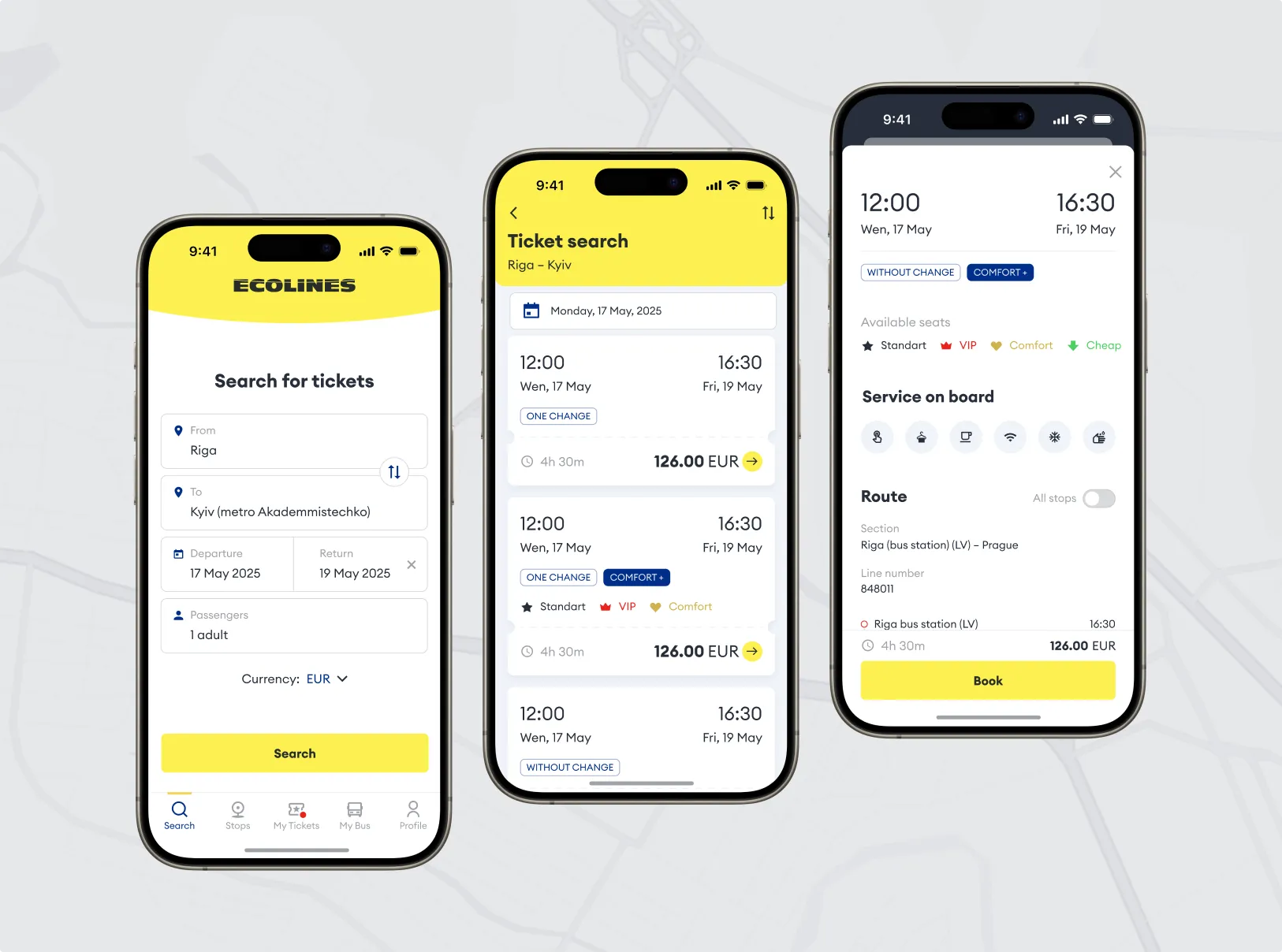 Ecolines mobile app interface after redesign and UX overhaul