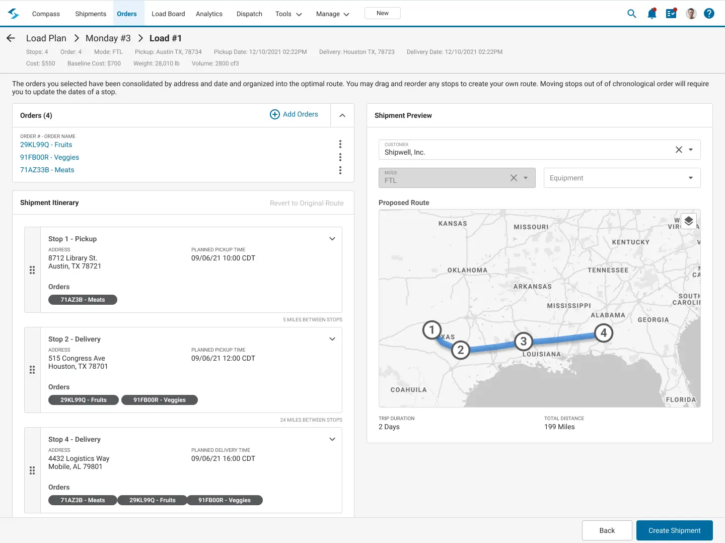 The interface of the Shipwell transportation management system solution.
