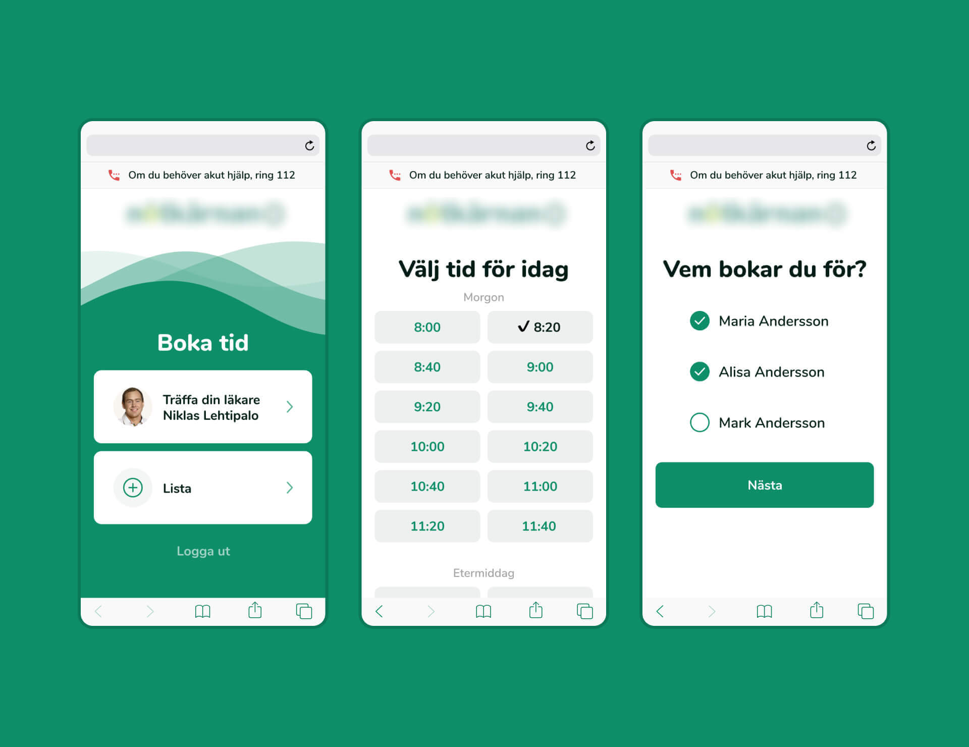 UI screenshot of booking system with appointment options and user selection.