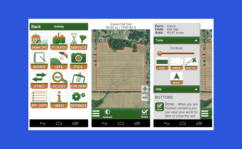 FarmLogic mobile app interface showing farm activity and tools.