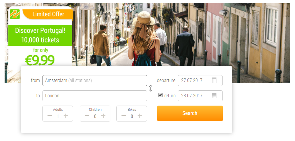 UI screenshot of transport booking interface with departure details.