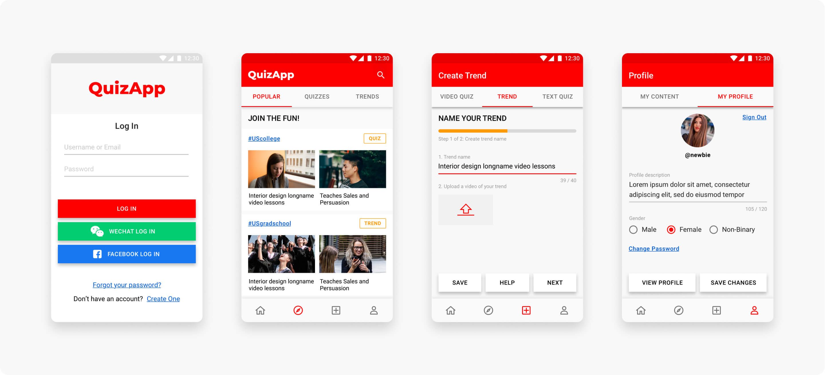 QuizApp interface showing login, popular quizzes, and profile sections.