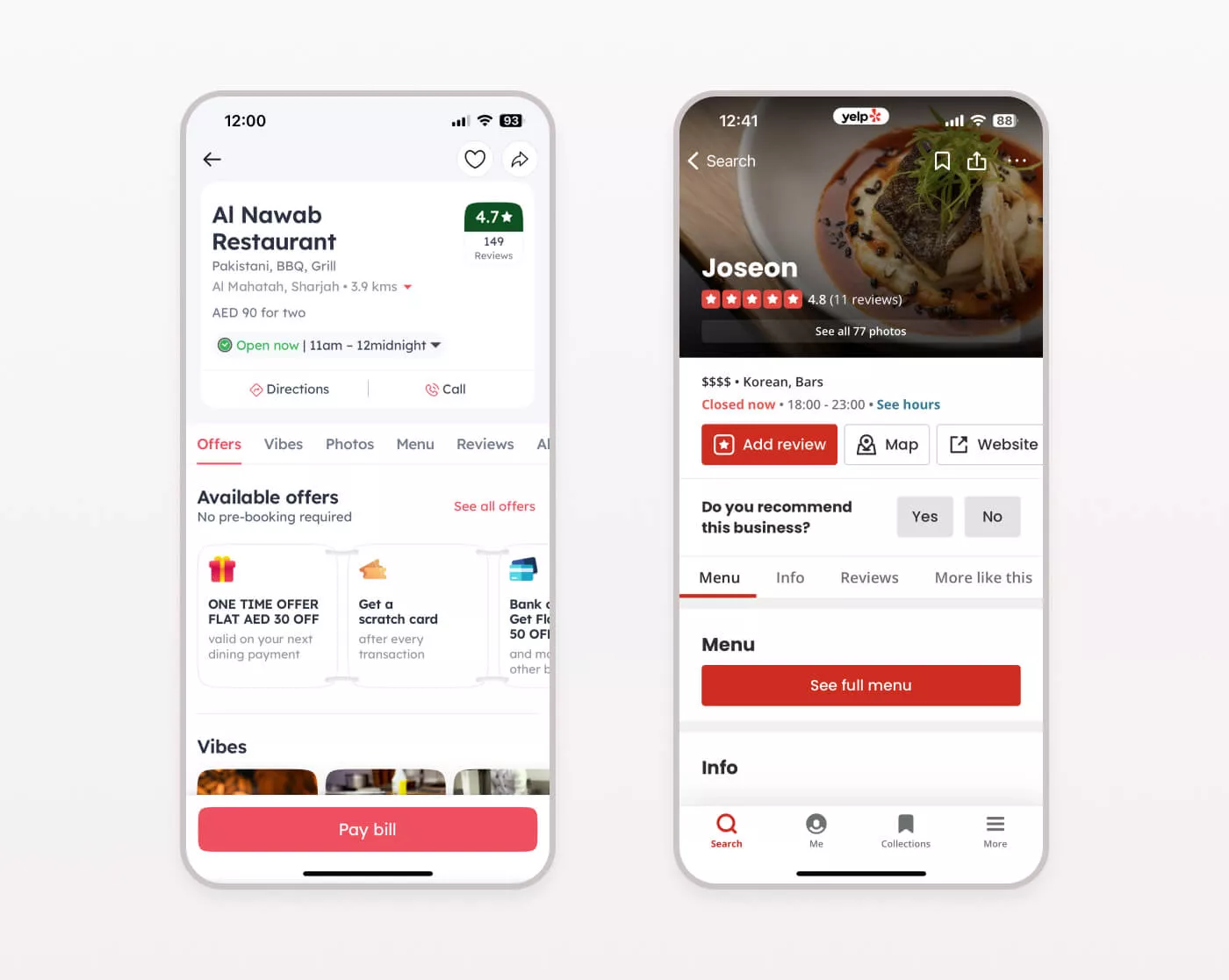 Restaurant profile in the app like Yelp