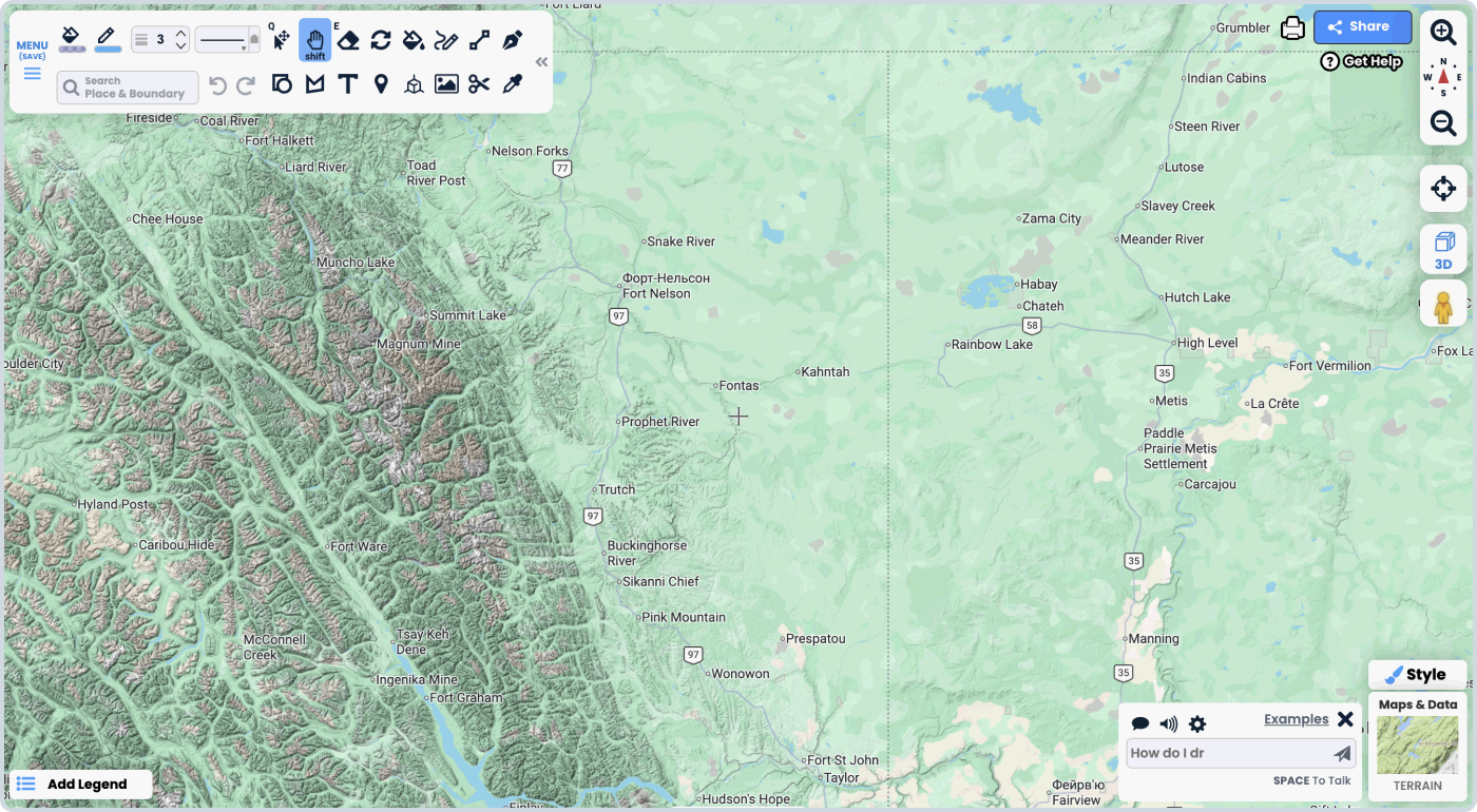 інтерфейс Google Maps з вибором стилю карти та інструментами навігації