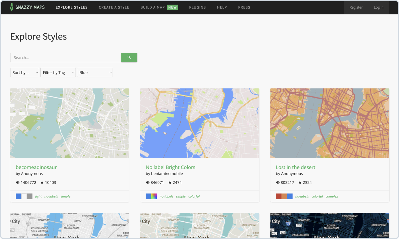 інтерфейс Snazzy Maps з вибором стилів карт для Google Maps