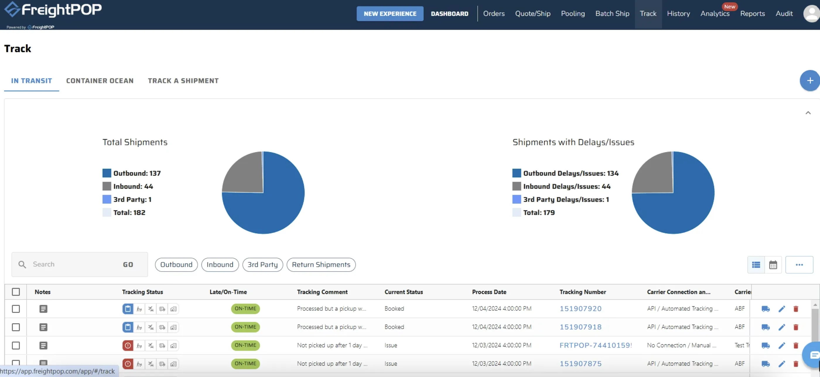 The interface of the FreightPOP transportation management system solution.