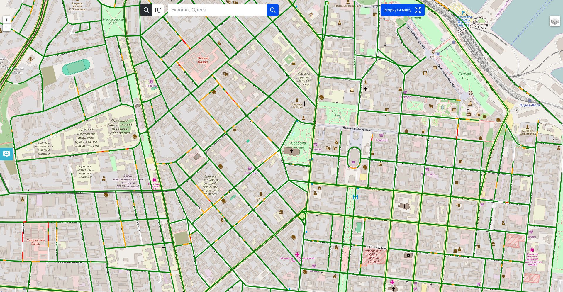 map showing streets and locations in a city